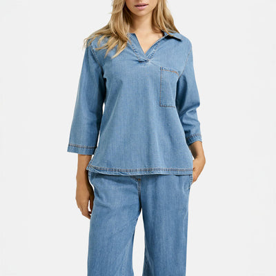 Lyocell Polo Collar Blouse in Denim