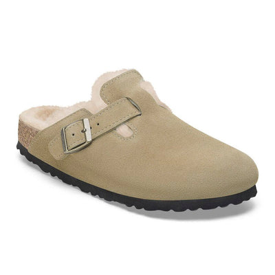 BIRKENSTOCK Boston Shearling Suede Leather Sandals in Taupe