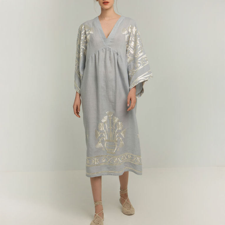 GREEK ARCHAIC KORI Crete Dress in Light Grey/Gold