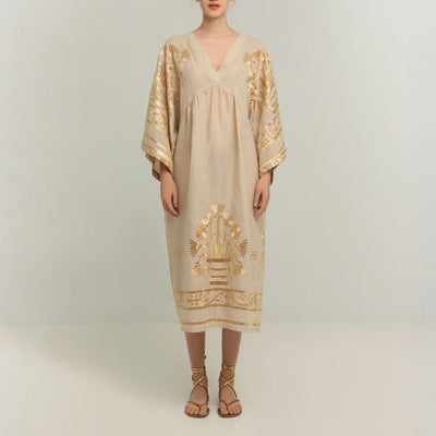 GREEK ARCHAIC KORI Crete Dress in Beige/Gold