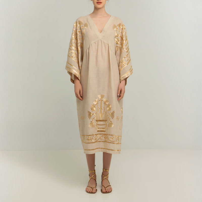 GREEK ARCHAIC KORI Crete Dress in Beige/Gold