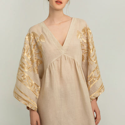 GREEK ARCHAIC KORI Crete Dress in Beige/Gold