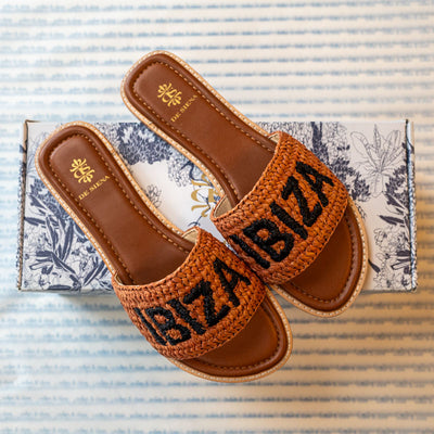 Ibiza Raffia Slides in Tobacco Black