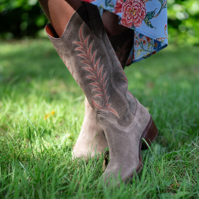 PENELOPE CHILVERS Goldie Embroidered Cowboy Boots in Taupe