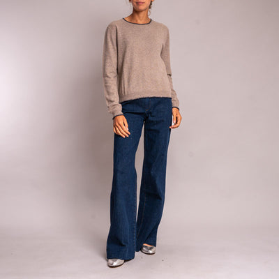 Blanket Stitch Crew Neck Jumper in Brown/Navy