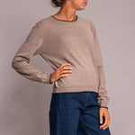 Blanket Stitch Crew Neck Jumper in Brown/Navy