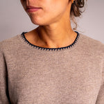 Blanket Stitch Crew Neck Jumper in Brown/Navy