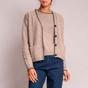 Blanket Stitch Cardigan in Brown/Navy