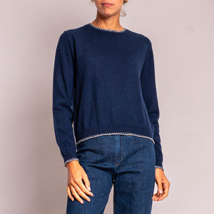 Blanket Stitch Crew Neck Jumper in Navy/Mid Grey