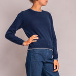 Blanket Stitch Crew Neck Jumper in Navy/Mid Grey