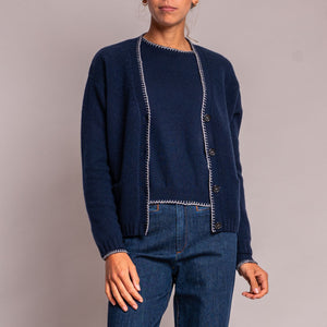 Blanket Stitch Cardigan in Navy/Mid Grey