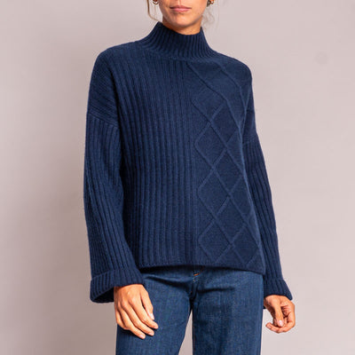 Aran Rib Turtle Neck Jumper in Navy