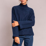 Aran Rib Turtle Neck Jumper in Navy