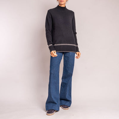 Turtleneck Knit with Birdseye Cuff and Hem in Black/Fossil