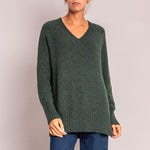 Long V Neck Chunky Knit in Dark Green