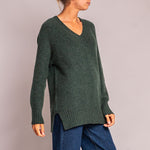 Long V Neck Chunky Knit in Dark Green