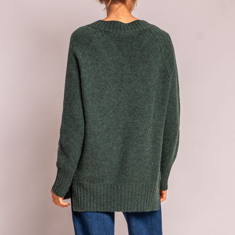 Long V Neck Chunky Knit in Dark Green