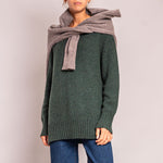 Long V Neck Chunky Knit in Dark Green