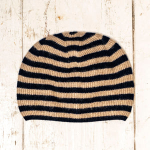 Narrow Stripe Rib Beanie in Navy/Light Brown