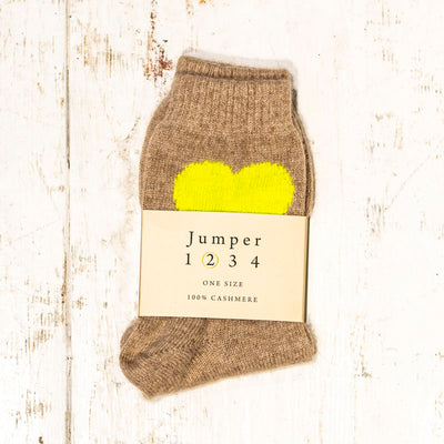 Heart Socks in Light Brown/Neon Yellow