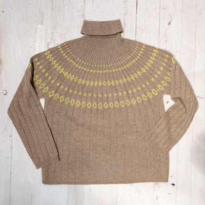 Rib Ski Roll Collar Knit in Light Brown/Neon Yellow