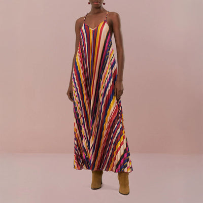 Diagonal Stripes Multicolour Pleated Midi Dress