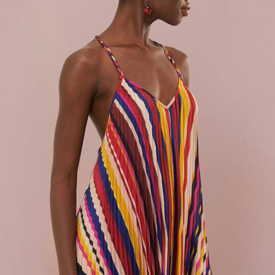 FARM RIO Diagonal Stripes Multicolour Pleated Midi Dress