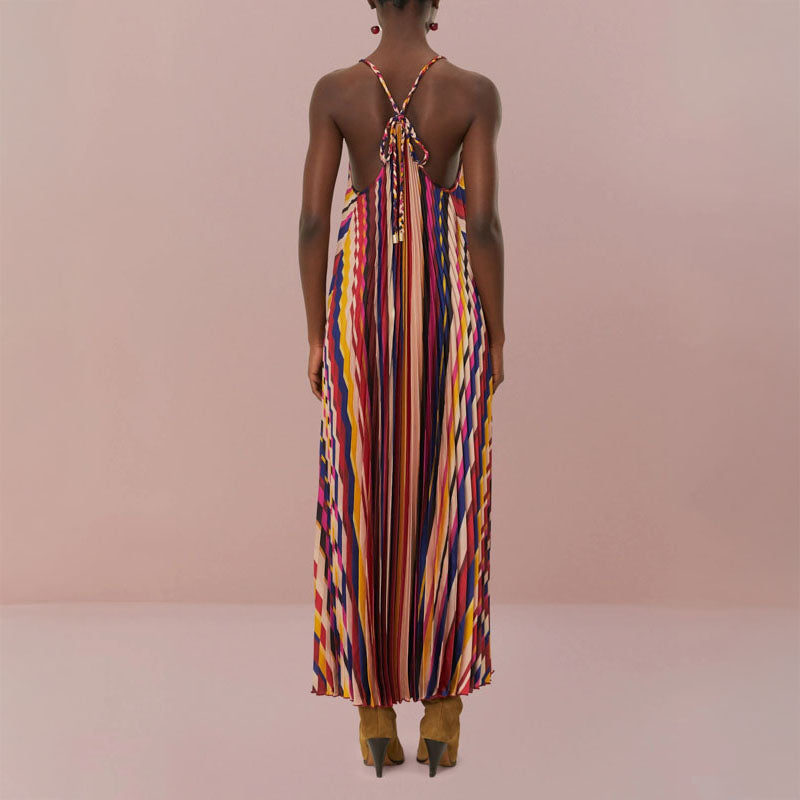 Diagonal Stripes Multicolour Pleated Midi Dress