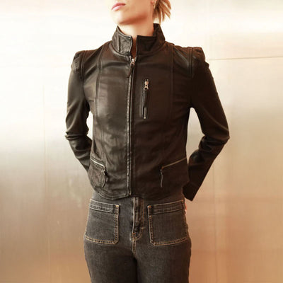 Helena Cropped Leather Jacket in Black