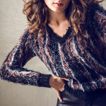 V Neck Fuzzy Sweater in Brown/Black