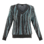 V Neck Fuzzy Sweater in Green/Blue