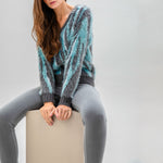 V Neck Fuzzy Sweater in Green/Blue