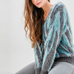 V Neck Fuzzy Sweater in Green/Blue