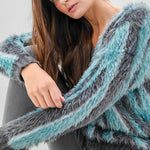 V Neck Fuzzy Sweater in Green/Blue