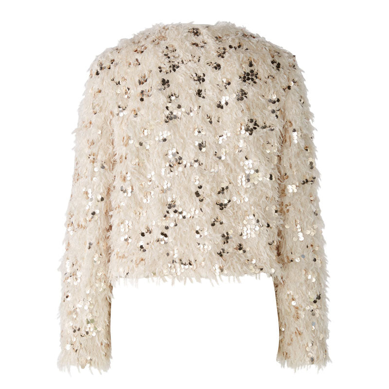 Feather Look Sequin Jacket in Off White/Camel