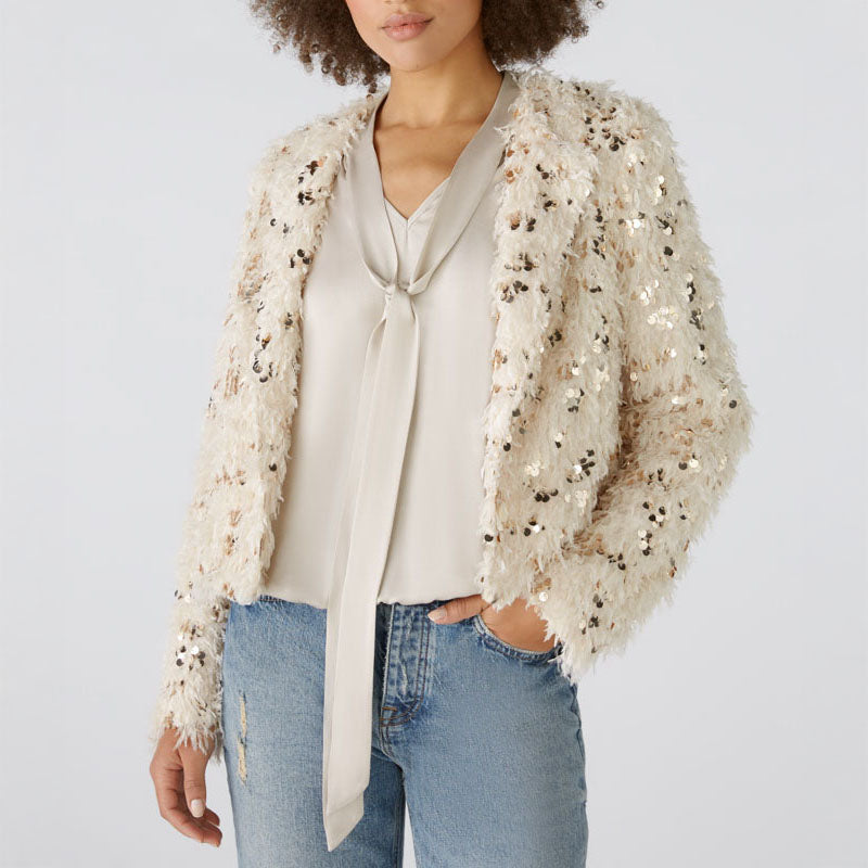 Feather Look Sequin Jacket in Off White/Camel