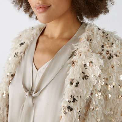 Feather Look Sequin Jacket in Off White/Camel