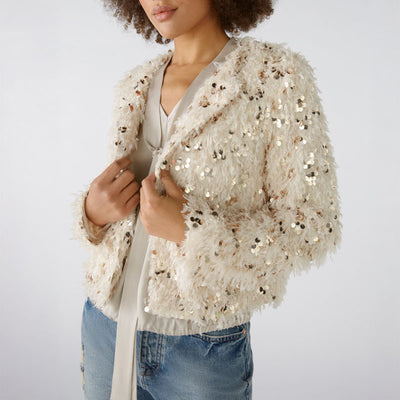 Feather Look Sequin Jacket in Off White/Camel