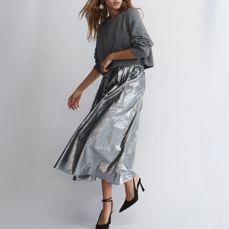 Pleated Maxi Skirt in Silver Gunmetal