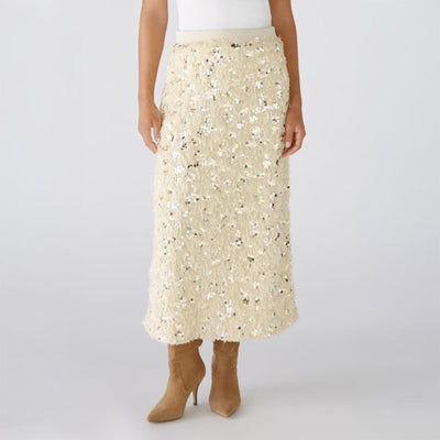 Feather Look Sequin Skirt in Off White/Camel