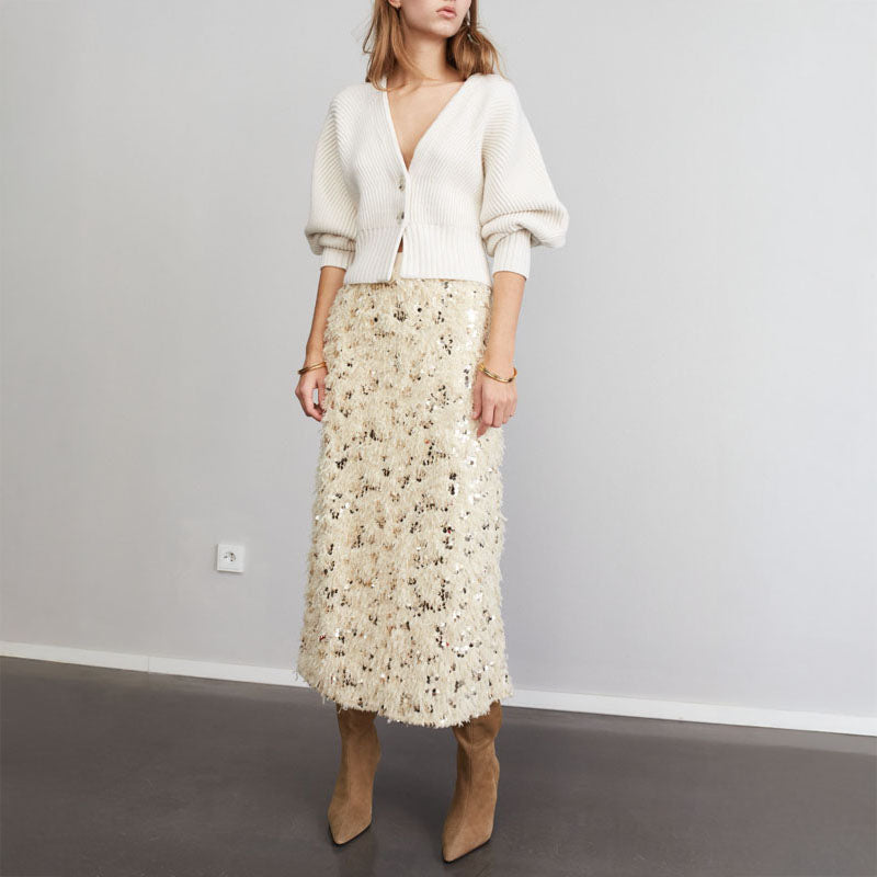 Feather Look Sequin Skirt in Off White/Camel