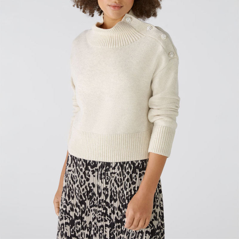 Wool Mix Crop Funnel Neck Jumper in Off White