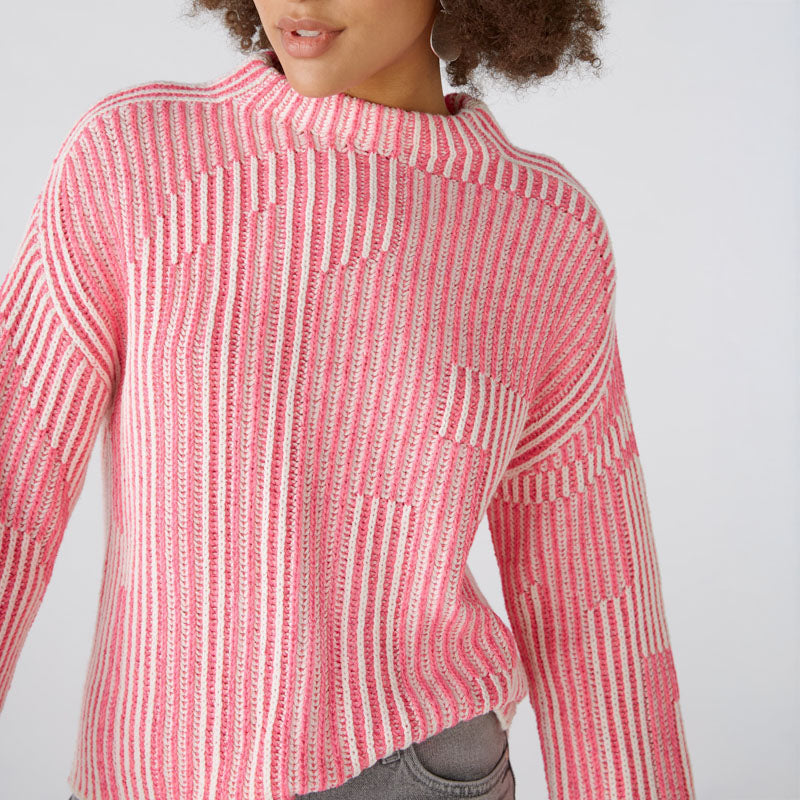 Jacquard Stripe Turtleneck Jumper in Pink/White