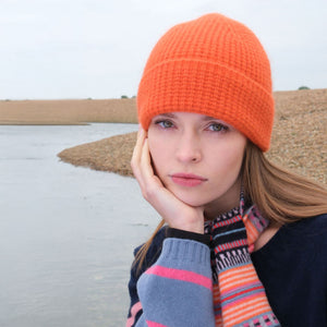 Angora Tuck Stitch Beanie Hat in Orange Glo