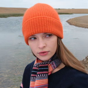 Angora Tuck Stitch Beanie Hat in Orange Glo