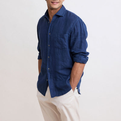 HARTFORD L/S Paul Linen Shirt in Deep Blue