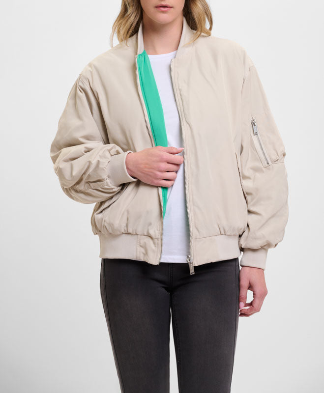 RINO & PELLE Elyn Reversible Bomber Jacket in Fog Grey & Clover Green