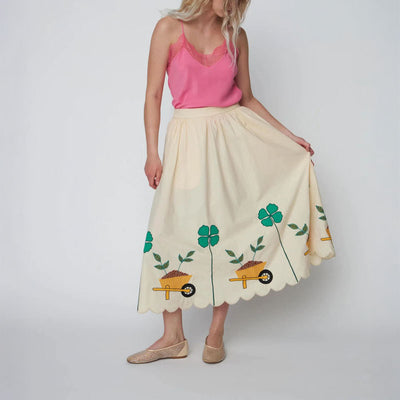 STELLA NOVA Embroidered Midi Skirt with Scallops in Ivory