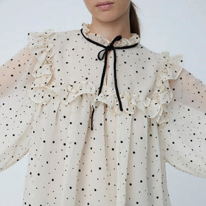 Flock Printed Flounce Blouse in Creme/Black