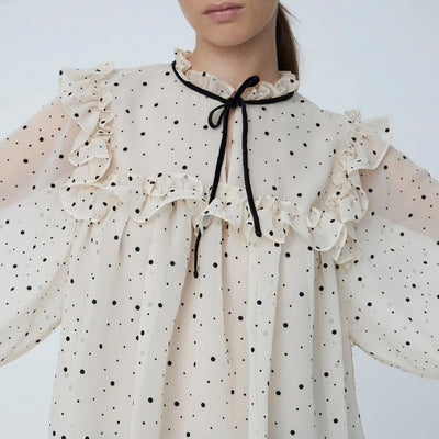 STELLA NOVA Flock Printed Flounce Blouse in Creme/Black